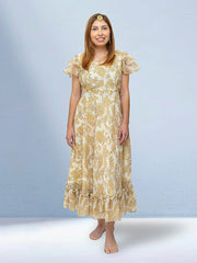 Indian-Western Kurta Beige Ivory Dress | Printed Chiffon | Muvvas Boutique