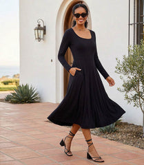 Long sleeve ribbed scoop neck A-line dress with side pockets and elastic waist