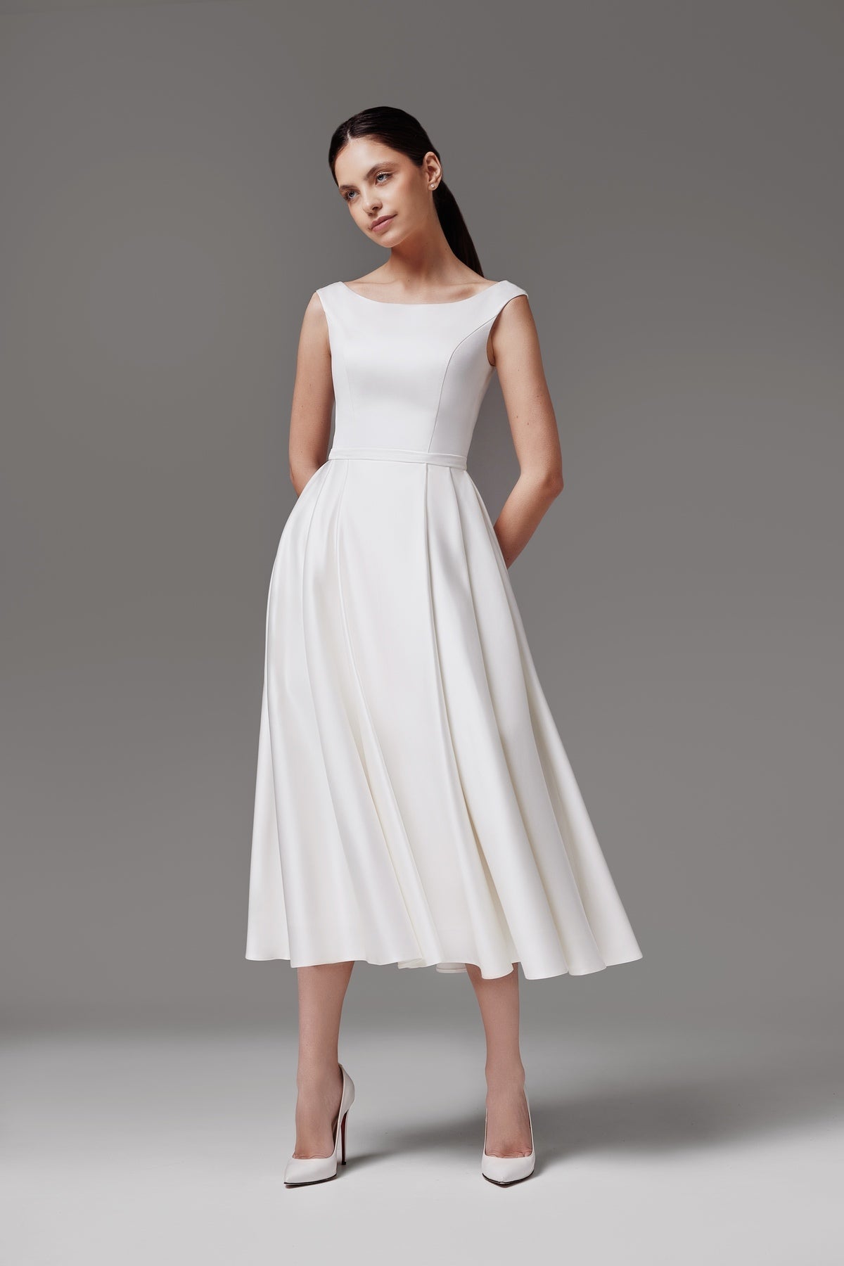 Midi Satin Wedding Dress With Boat Neck Brianna midi