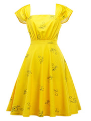 Yellow Sweet Cap Sleeve Printed Vintage Dress