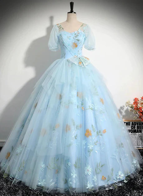 Blue Floral Short Sleeves Ball Gown Sweet 16 Dress