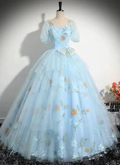 Blue Floral Short Sleeves Ball Gown Sweet 16 Dress