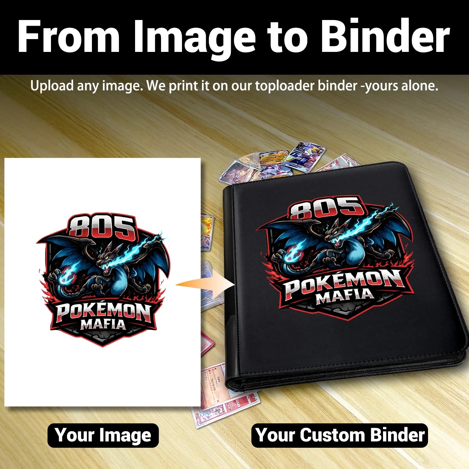 Custom Pokemon toploader binder showing how to upload any image and print it on the cover