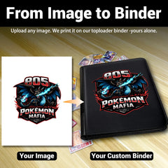 Custom Pokemon toploader binder showing how to upload any image and print it on the cover