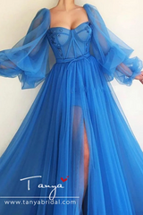 Long Puffy Sleeve Blue Prom Dresses