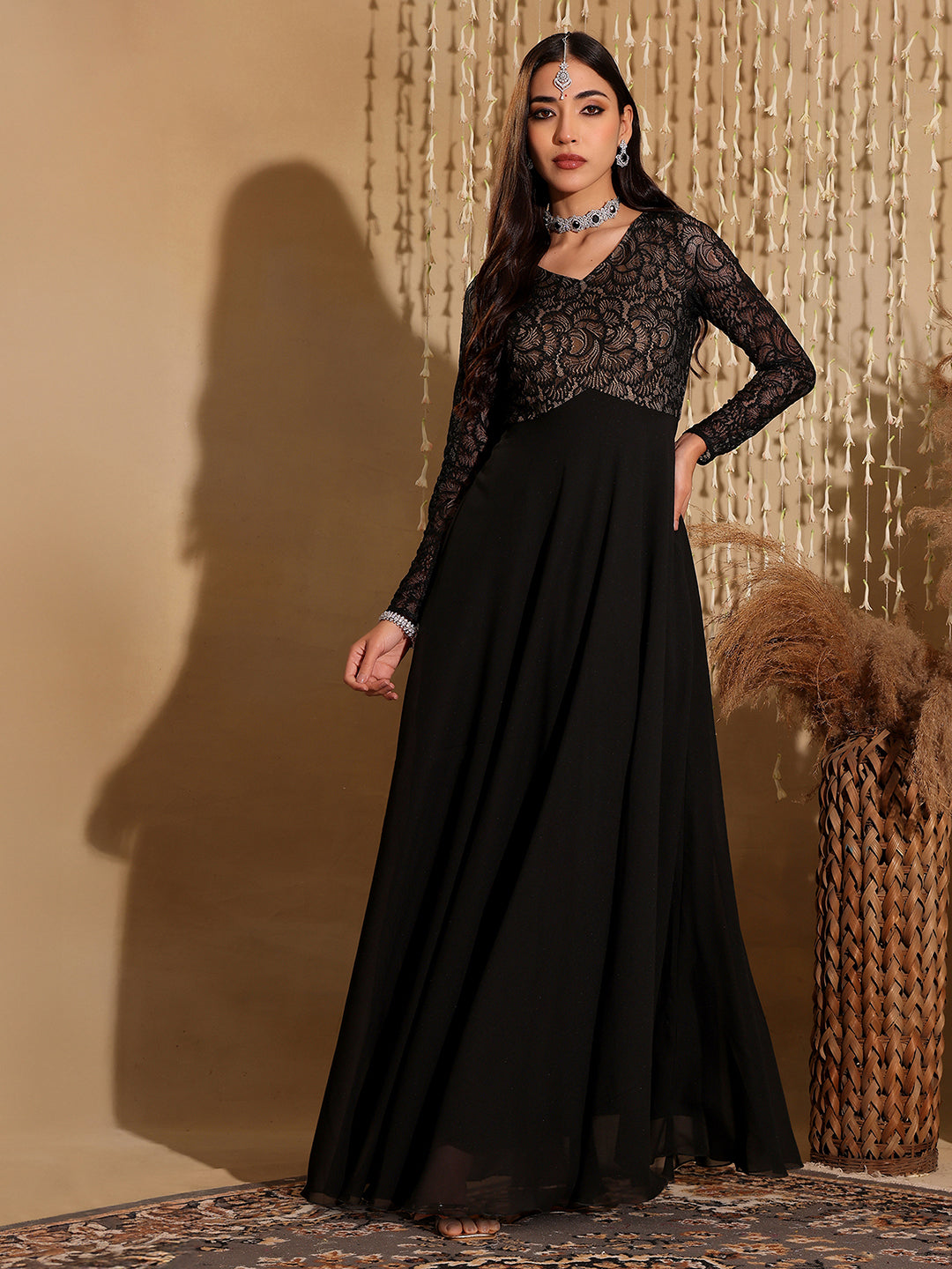 Black Full Sleeves Lace Fit and Flare Maxi Dress for Women