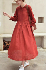 Rust Linen Midi Dress - Loose Fit, Button Front 4817
