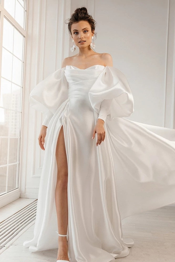 Shinny Organza Satin A Line Wedding Dresses With Puff Long Sleeves ZW799