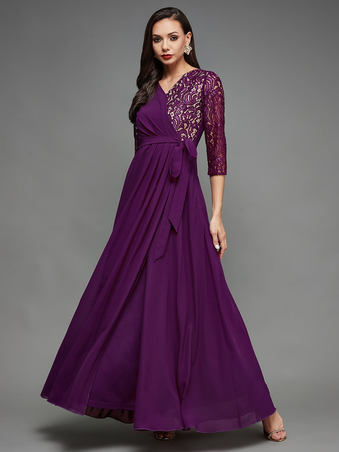 Dark Purple Long Sleeves Lace Wrap Maxi Dress Long Dress Frock for Women