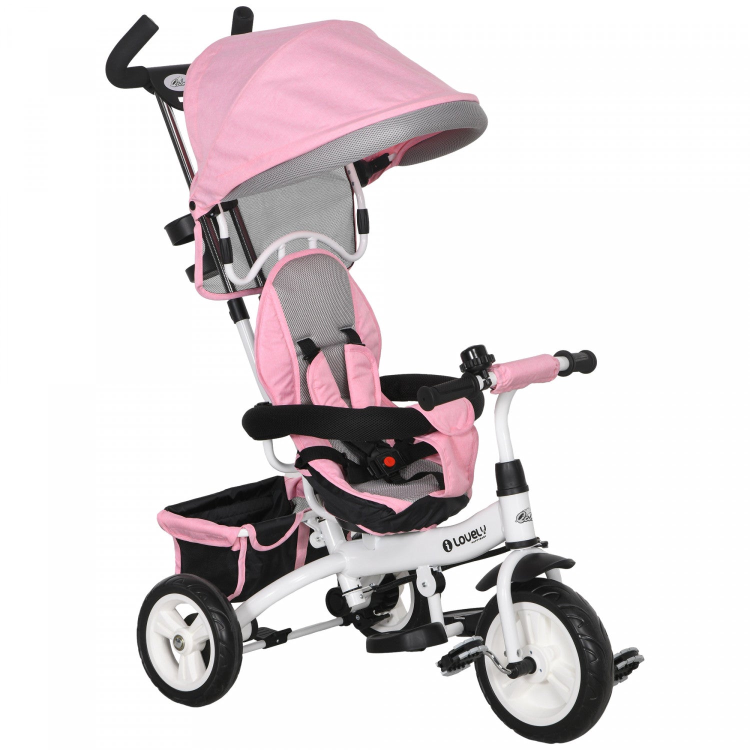 Qaba Toddler Tricycle, 6 In 1 Baby Bike Stroller With Foldable Canopy, Storage Basket, 5-point Safet|Qaba Tricycle Pour Tout-petits, Poussette De Velo 2 En 1 Pour Bebe Avec Auvent Pliable, Panier De Ra