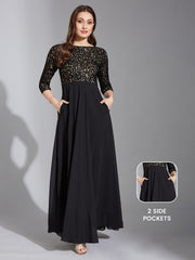 Black Boat Neck Lace Fit and Flare Maxi Dress Long Dress Frock for Women