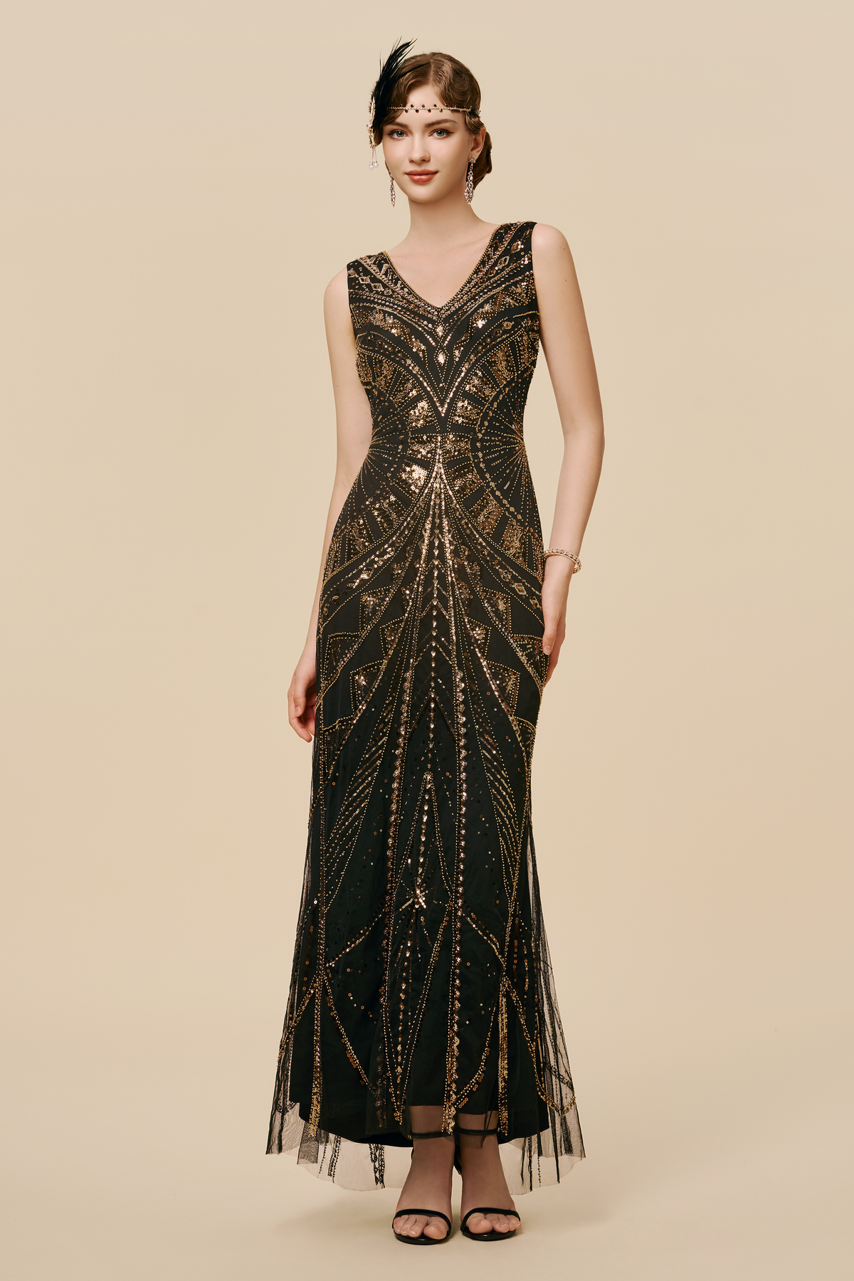 Art Deco Black & Gold Glamour Evening Gown