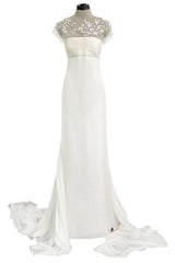 Vintage Valentino White Silk Wedding Dress w Elaborate Trains, Pleating & Extensive Beading Detail
