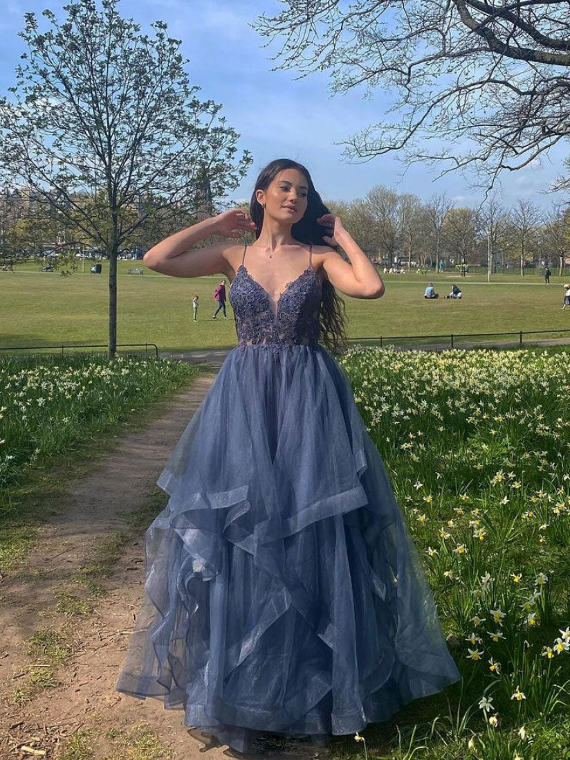 Gray blue v neck tulle lace long prom dress blue formal dress