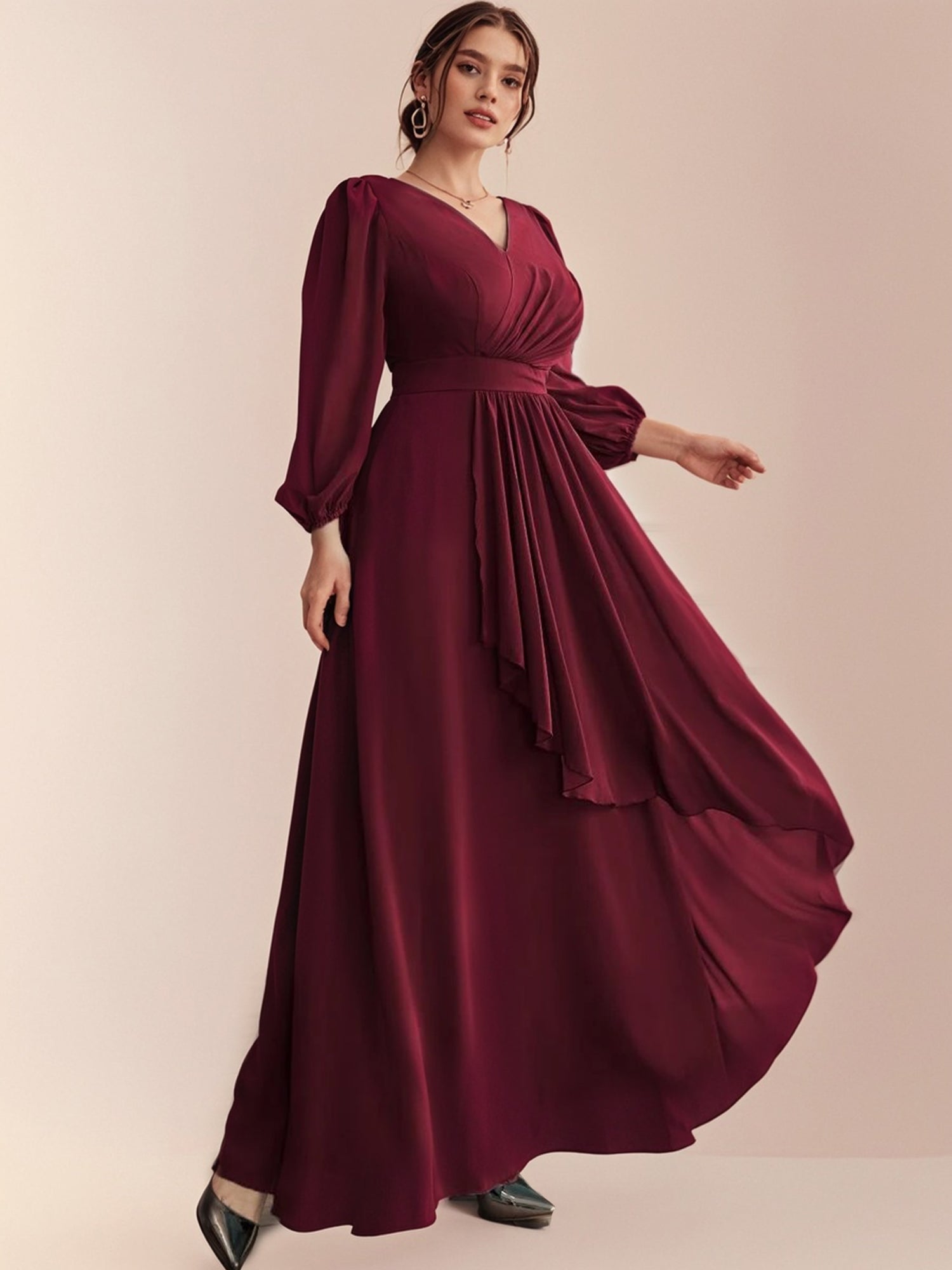 Simple Demure Burgundy Plus Size V-Neck Asymmetric Hem Long Sleeve Gown Bridesmaid Dresses-ZS226