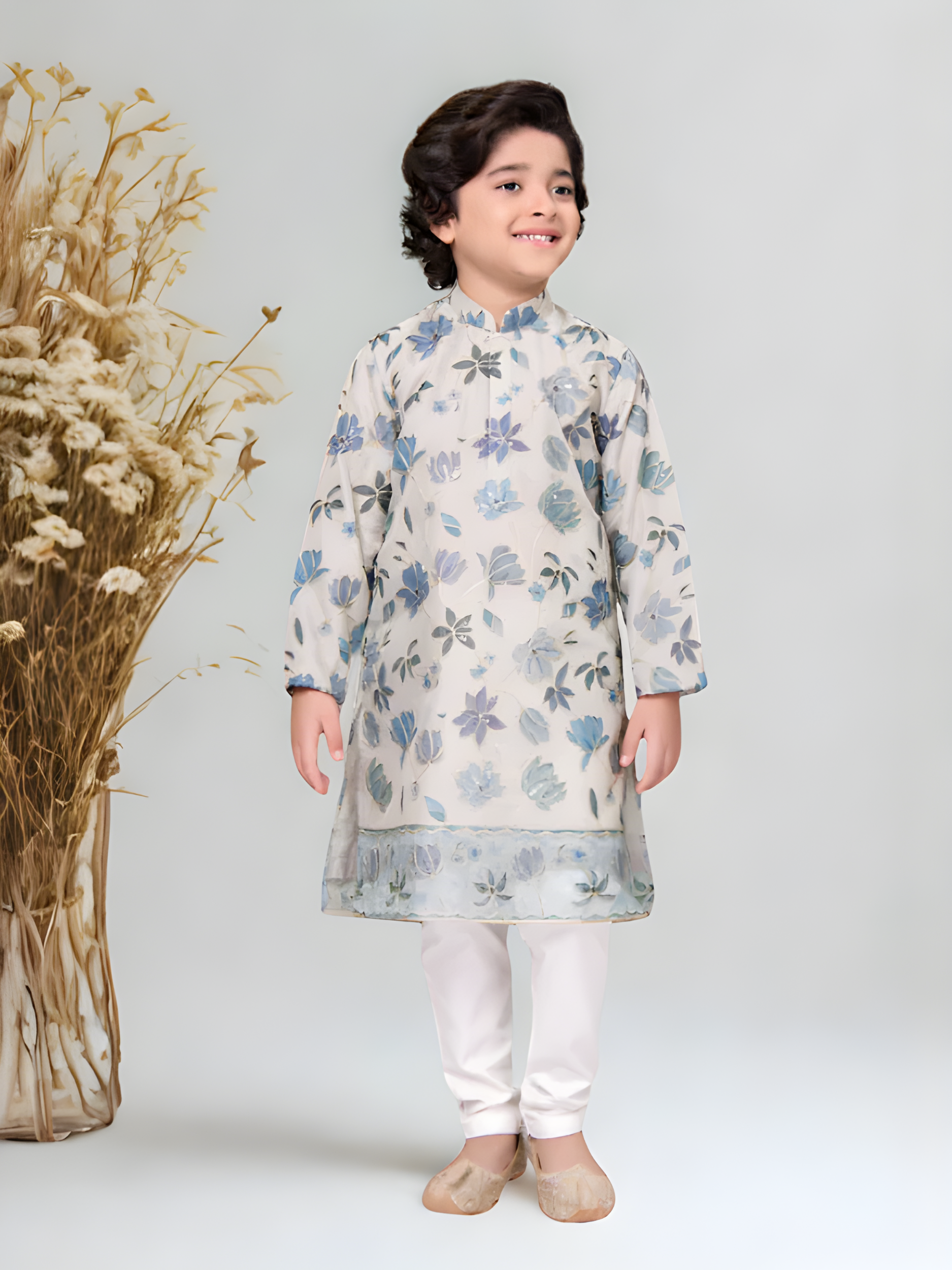 Boys' Cream & Blue Floral Embroidered Kurta Pajama Set.