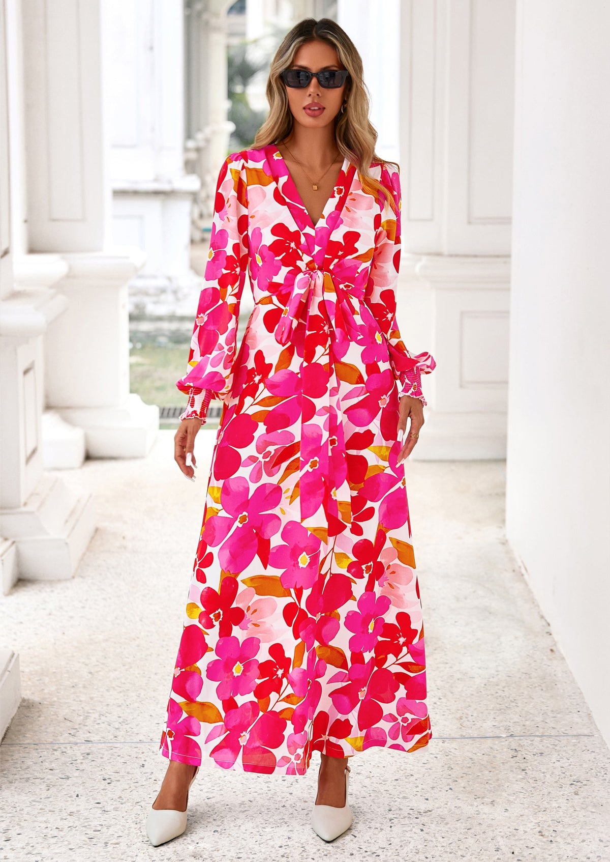 PRETTYGARDEN Women's Fall Boho Maxi Dress Floral Long Sleeve V Neck Flowy Belted Elegant Holiday Party Dresses PRETTYGARDEN