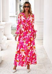 PRETTYGARDEN Women's Fall Boho Maxi Dress Floral Long Sleeve V Neck Flowy Belted Elegant Holiday Party Dresses PRETTYGARDEN
