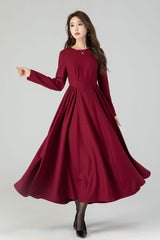 Burgundy Wool Maxi Dress - Fit and Flare Silhouette with Pleated Waist 4545