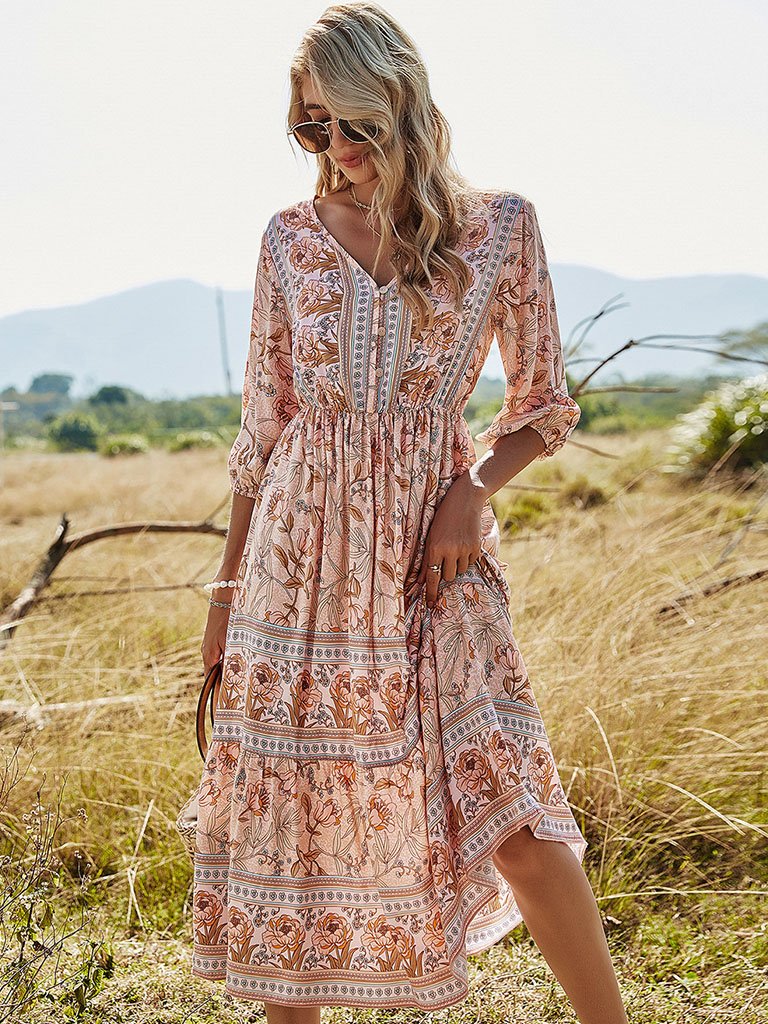 Women's Floral Boho Dress Half Sleeve V Neck Beach Party Dress