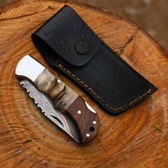 Handmade Copper Damascus Folding Knife With Rose Wood and Ram Horn Handle , Personalized Gift for Him , Anniversary Gift Knife , Groomsman Gift Knife , EDC ,Outdoor