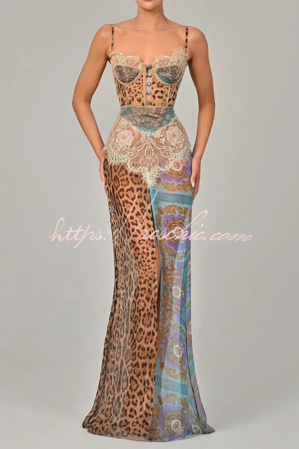 Chiffon Leopard Print Sexy Lace Splicing High Slit Slim Maxi Dress