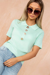Fenix Mint Rib Knit Collared Top