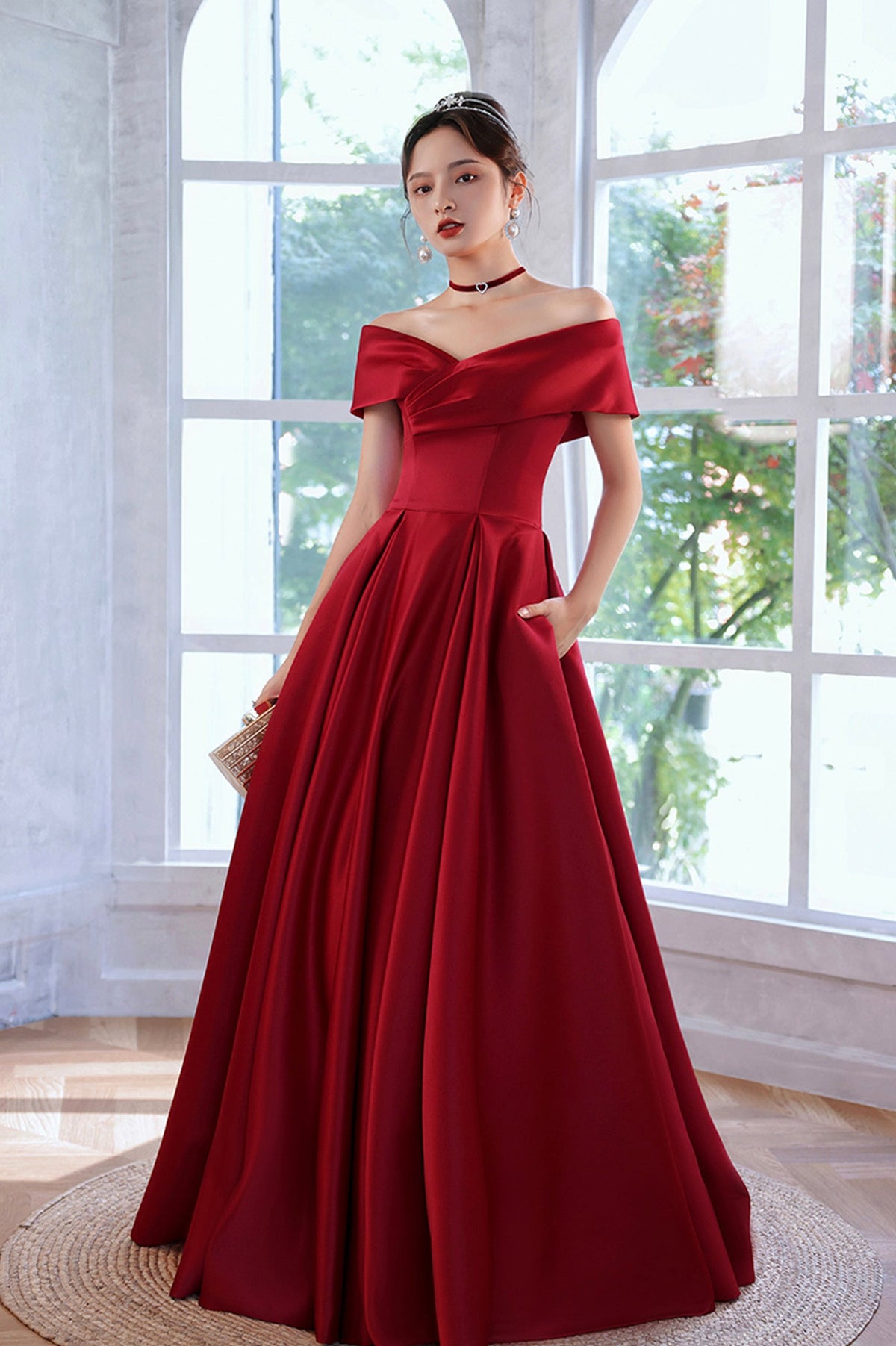 Red Satin A-Line Floor Length Prom Dress, Red  Off Shoulder Evening Dress