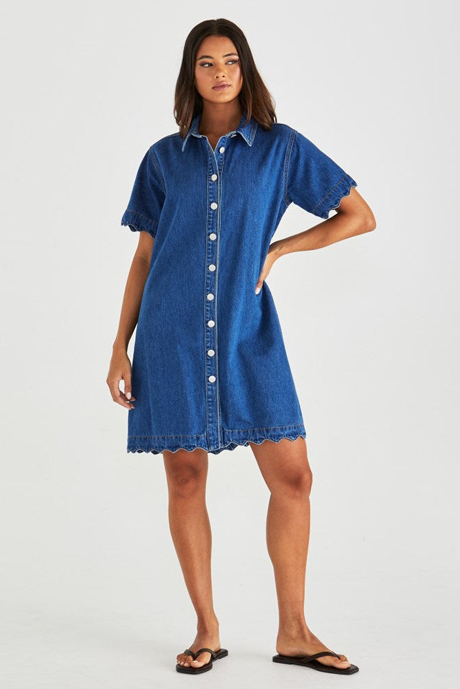 Vale Scalloped Denim Dress - Mid Blue Wash