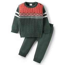 Babyhug Knit Full Sleeves Pullover Sweater Set With Cable Knit Design - Olive Green & Rust