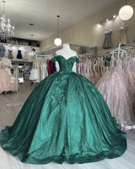Sparkly Emerald Green Lace Floral Quinceanera Dresses Sequined Sweet 16 Dress Ball Gown Real Photos