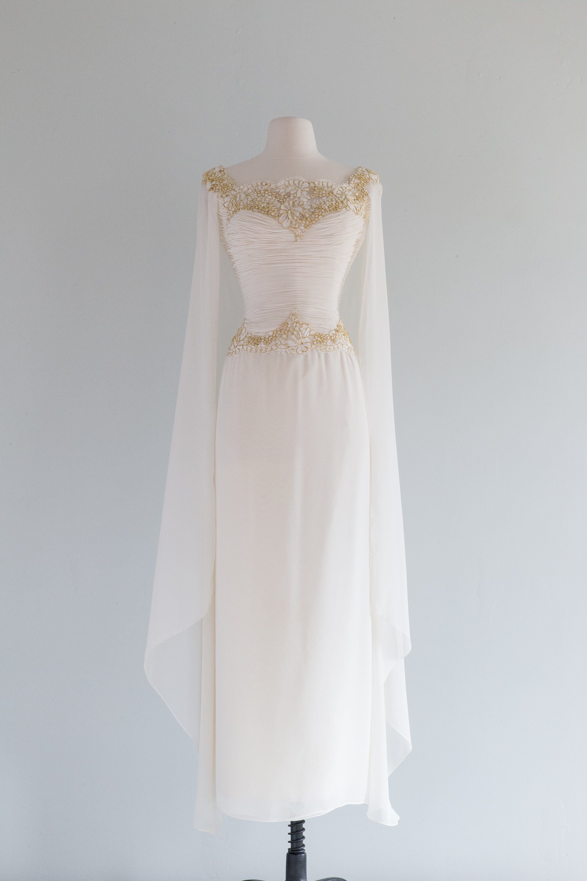 Vintage Designer Goddess Chiffon Wedding Gown With Cape / Medium
