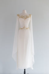 Vintage Designer Goddess Chiffon Wedding Gown With Cape / Medium