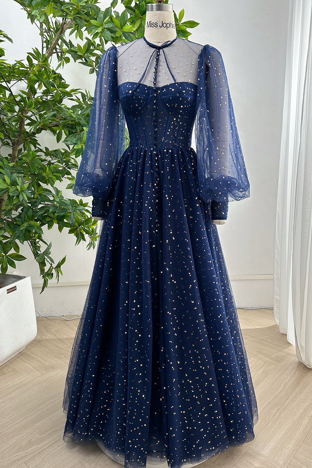 MissJophiel Long Sleeves Illusion Corset Dark Navy Dress with Slit
