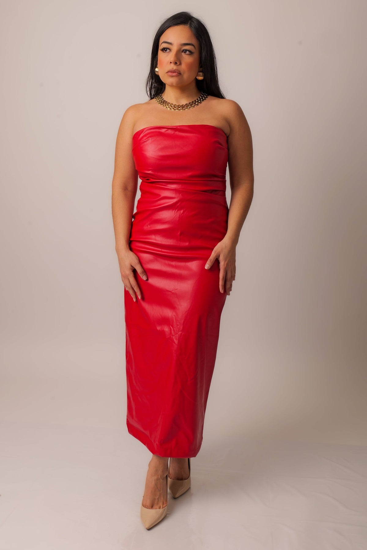 Faux leather red midi Dress