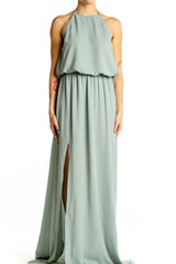 Front view of sage green Mumu halter neck maxi dress with blouson top