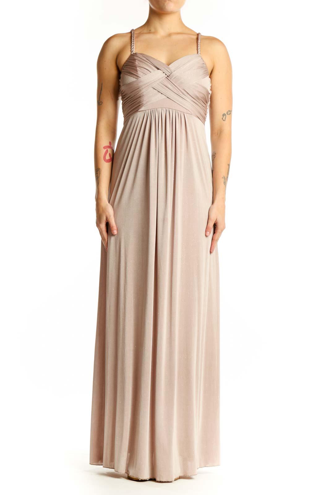 Beige pleated sweetheart neckline maxi dress with spaghetti straps and flowing skirt, front view