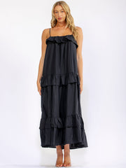 WOMEN'S SLEEVELESS OPEN BACK RUFFLE TIERED LOOSE FIT MAXI DRESS