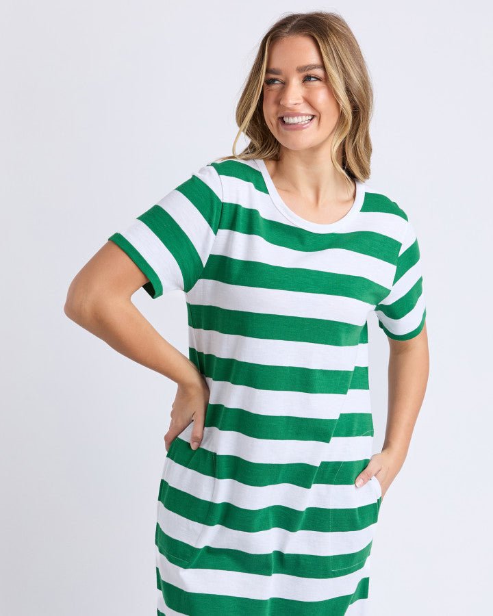 Foxwood Tallow Dress - Green & White Stripe | Pink Poppies