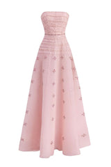 Pink crystal-embellished A-line maxi gown by Happy Clothing, featuring flowing fabric and intricate crystal details.