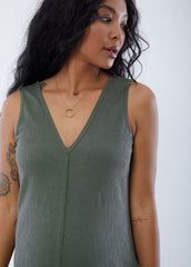 ||Pregnant woman wearing green v-neck sleeveless dress on a plain background