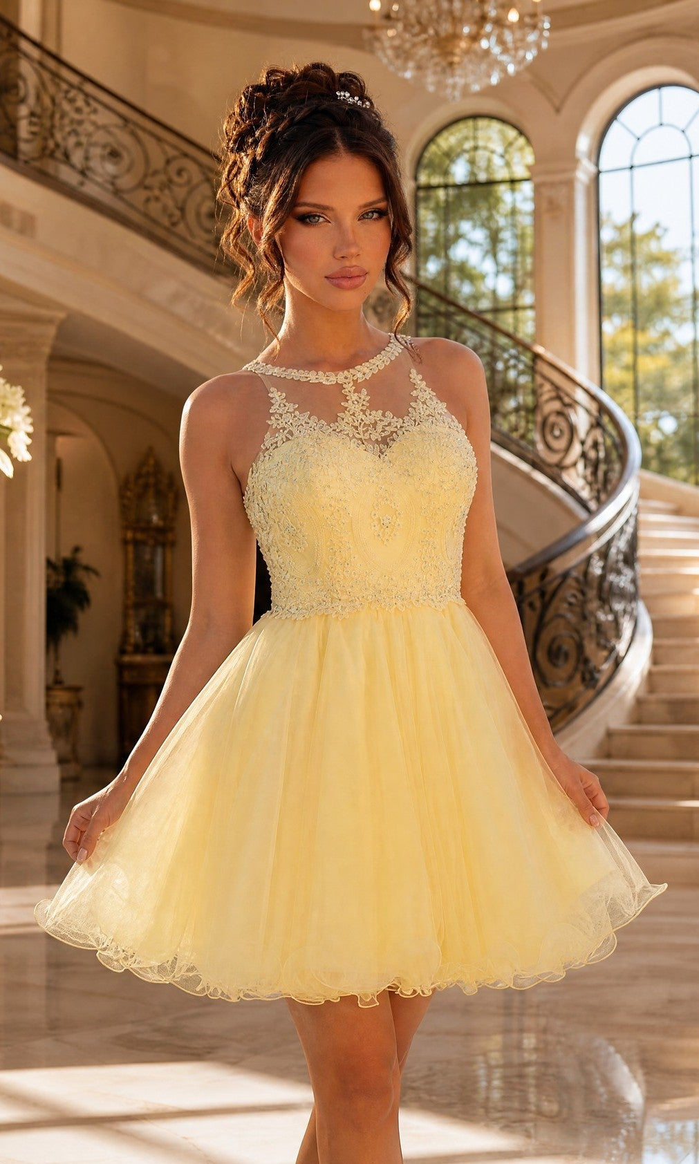A woman wearing the Beaded Embroidered Lace Short Babydoll Party Dress stands indoors before a grand staircase with ornate railings and large windows.