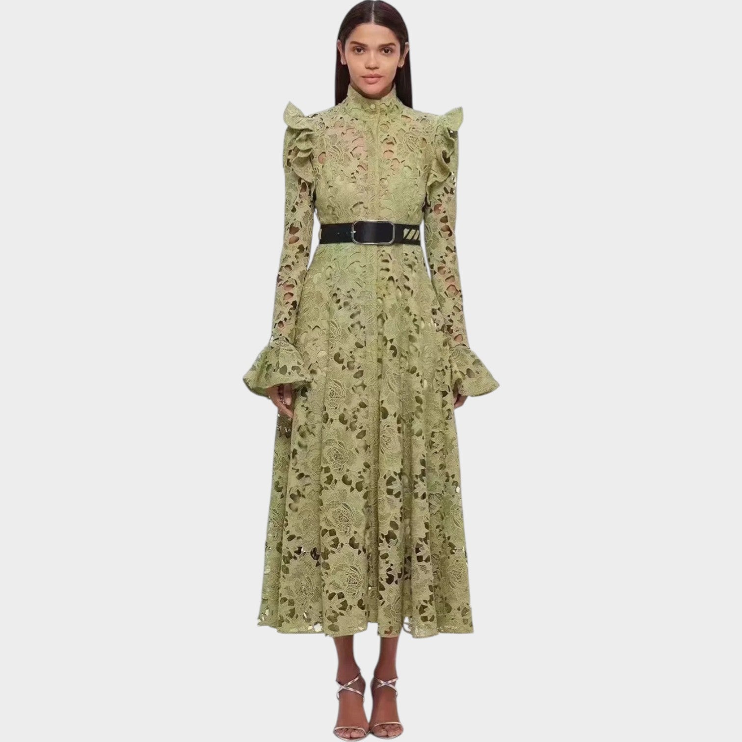 High Neck Belted Lace Midi Dress