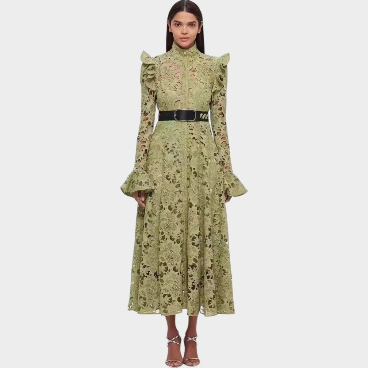 High Neck Belted Lace Midi Dress