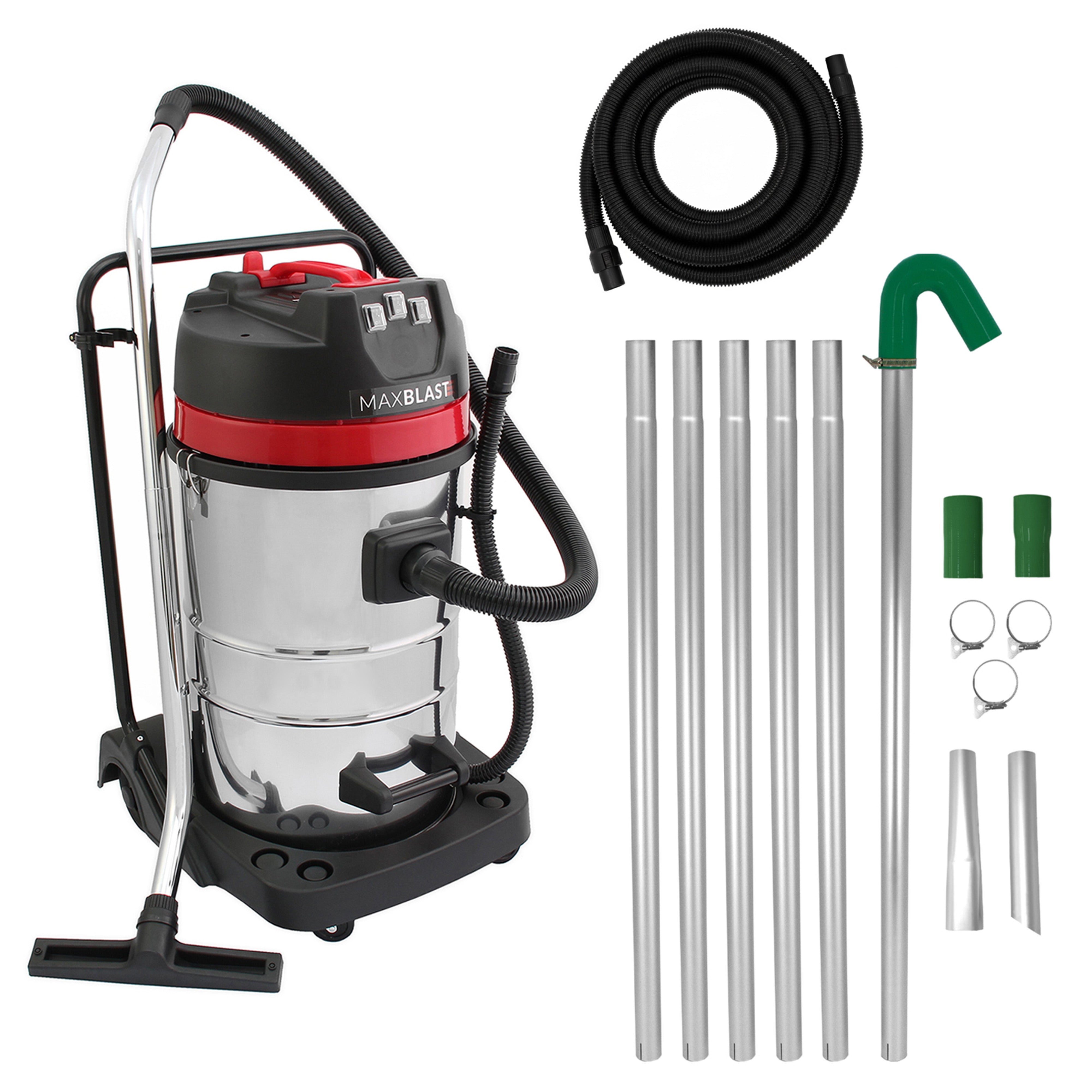 80L nat- en droog stofzuiger met glanzende metalen behuizing, zwarte basis, rode accenten, en accessoires zoals vacuümslang en dakgootstofzuigerstangen