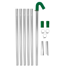 Vijf aluminium stofzuigerstangen met groene bocht en accessoires, ideaal voor een 80L nat- en droog stofzuiger en dakgootreiniging