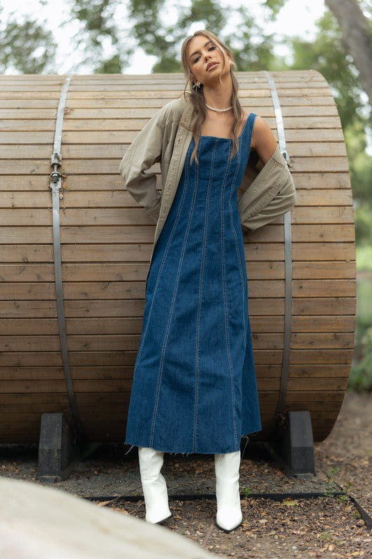 Down For It Denim Midi Dress Clothing Peacocks & Pearls Lexington