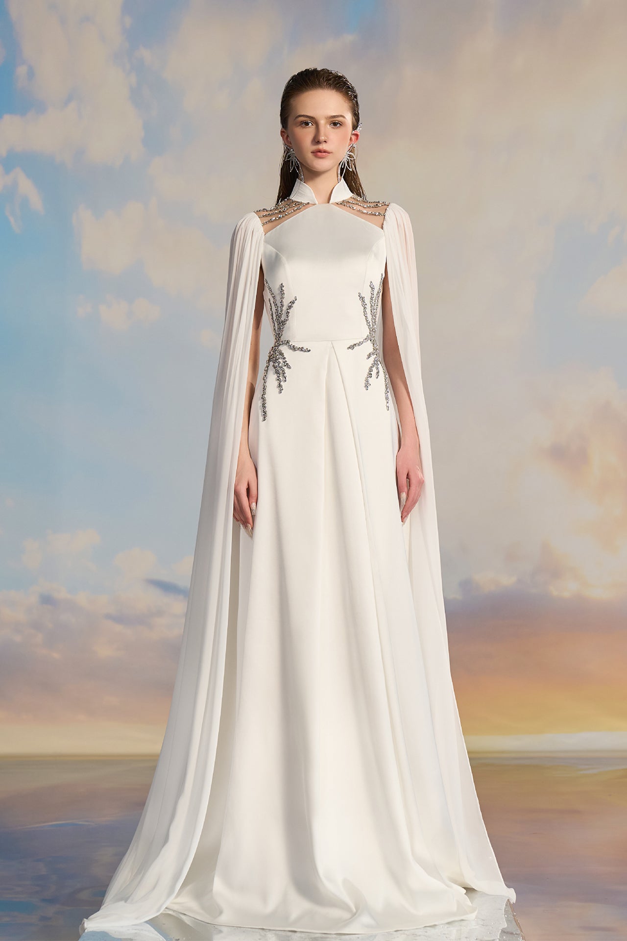 White Satin Cape Gown with Embellishments
