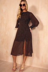 Oraya Brown Spot Chiffon Midi Dress