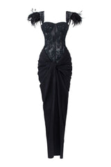 Black IZZY lace corset maxi dress by 21Six, featuring fitted bodice and flowing skirt, perfect for elegant occasions.